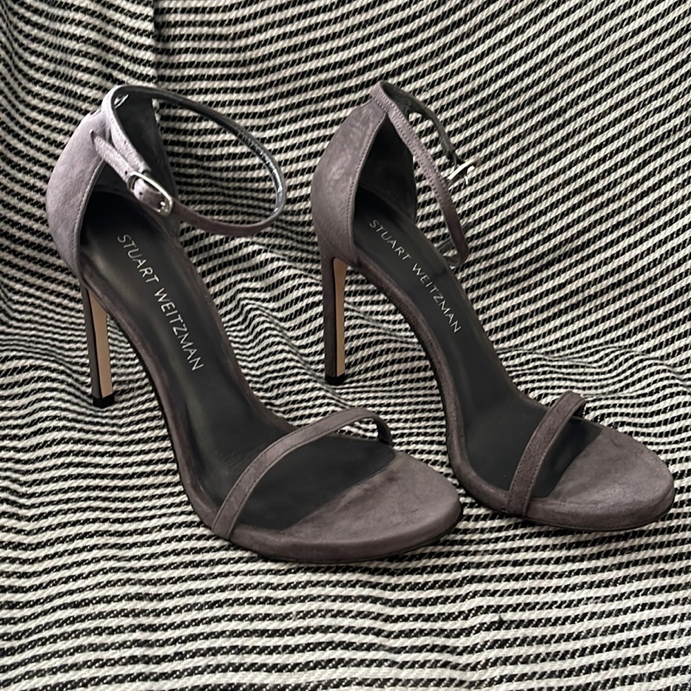 Stuart Weitzman Grey Suede ankle strap stiletto sandals